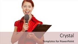  Presentation with journalist - Theme consisting of tv reporter - happy redhaired journalist with microphone background and a coral colored foreground