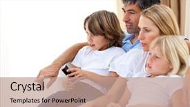  Presentation with spiritual family - Slide set with tv screen - young family watching tv background and a coral colored foreground