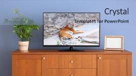  Presentation with wide - Slide deck featuring tv screens - wide screen tv on wooden background and a light blue colored foreground