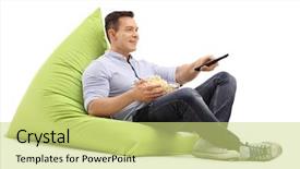  Presentation with joyful - Amazing slide deck having joyful guy watching tv seated on a green beanbag and eating popcorn isolated on white background backdrop and a yellow colored foreground
