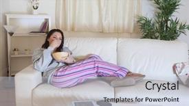  Presentation with bowl - Cool new presentation theme with tv series - young relaxed woman in nightwear backdrop and a sky blue colored foreground