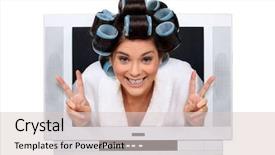  Presentation with newborn hearing screen why is it important - Presentation consisting of tv show promotion - woman with curlers peering tv background and a lemonade colored foreground