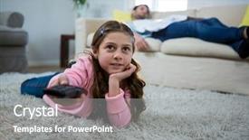  Presentation with living room - PPT theme with tv station - girl watching tv lying background and a  colored foreground