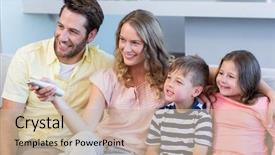  Presentation with living room family - Cool new slides with tv station - happy family on the couch backdrop and a  colored foreground