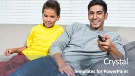  Presentation with father son and looking - Colorful PPT theme enhanced with tv station - smiling father ans son watching backdrop and a  colored foreground