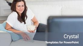  Presentation with popcorn kernel - Amazing PPT theme having tv station - woman enjoying tv with popcorn backdrop and a gray colored foreground