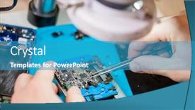  Presentation with microscope - Slide deck with tweezers in hands of repairman using microscope during work with tiny details of demounted smartphone in workshop background and a teal colored foreground