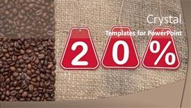  Presentation with percent - PPT theme with twenty percent discount and coffee beans on a old burlap background background and a coral colored foreground