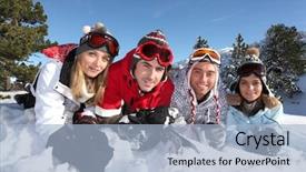  Presentation with skiing - Theme featuring twenty something - four friends on skiing holiday background and a light blue colored foreground