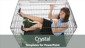  Presentation with cage - Presentation design featuring twenty something business woman trapped background and a gray colored foreground