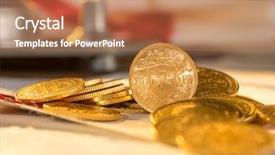  Presentation with gold - Amazing PPT theme having twenty swiss francs gold coins backdrop and a coral colored foreground
