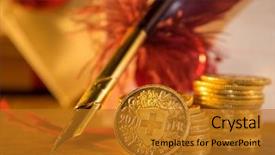  Presentation with parchment - Beautiful slide deck featuring twenty swiss francs gold coins backdrop and a gold colored foreground
