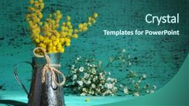  Presentation with flowers vase - Beautiful presentation design featuring twigs of mimosa flowers in vase on blue wooden table backdrop and a ocean colored foreground