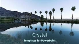  Presentation with oasis - Slide set consisting of twilight view of desert oasis palm tree reflections at soda springs pond near zzyzx and the mojave national preserve in california background and a ocean colored foreground
