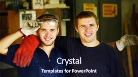  Presentation with leather craft work table - Slide deck consisting of twin brother - craft worker working in workshop background and a wine colored foreground