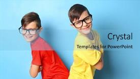  Presentation with big brothers - Presentation theme consisting of twin brothers in glasses background and a light blue colored foreground