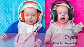  Presentation with babies - Colorful slide set enhanced with twins - happy twin babies listening backdrop and a coral colored foreground