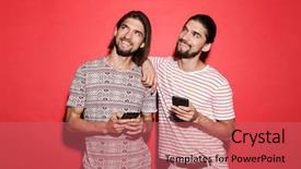  Presentation with mobile phones and hospital - PPT theme featuring twins - portrait of a two young background and a coral colored foreground