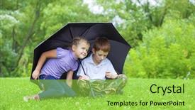  Presentation with black girl - Slide deck enhanced with little girl and boy with black umbrella playing in the summer park background and a yellow colored foreground