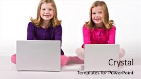  Presentation with computers - PPT theme featuring twins children - beautiful twin sisters work background and a  colored foreground