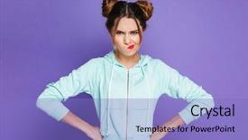  Presentation with helping others two hands woman - PPT theme consisting of twist - portrait of angry woman background and a light blue colored foreground