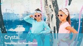  Presentation with graffiti - PPT theme consisting of two 7 years old children wearing cool fashion clothing posing with colorful skateboard against graffiti wall urban style background and a teal colored foreground