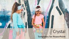  Presentation with graffiti - PPT theme featuring two 7 years old children wearing cool fashion clothing posing with colorful skateboard against graffiti wall urban style background and a lemonade colored foreground
