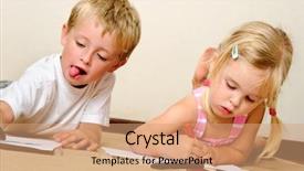  Presentation with crayons - Beautiful presentation featuring two adorable happy children drawing with crayons at playschool backdrop and a coral colored foreground