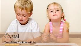  Presentation with crayons - Presentation theme enhanced with two adorable happy children drawing with crayons at playschool background and a coral colored foreground