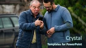  Presentation with news - PPT layouts with two-adult-men-in-casual background and a navy blue colored foreground