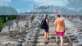  Presentation with stairway - Presentation design enhanced with two-adult-tourists-climbing background and a light blue colored foreground