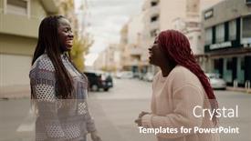  Presentation with speaking - Presentation featuring two-african-american-friends-smiling background and a coral colored foreground