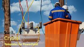  Presentation with electric pole - Presentation theme featuring two-african-electrician-workers-climbed background and a red colored foreground