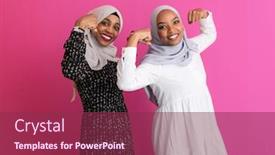  Presentation with gender equality - Slide set consisting of two african girls wearing traditional islamic clothes on plastic pink background showing strenght and power gender equality background and a violet colored foreground