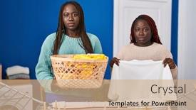  Presentation with clothes - PPT theme with two-african-women-hanging-clothes background and a coral colored foreground