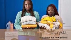  Presentation with women sad - Slide deck having two-african-women-holding-folded background and a coral colored foreground