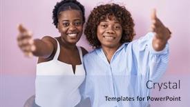  Presentation with hug - Slides having two-african-women-standing-over background and a light blue colored foreground