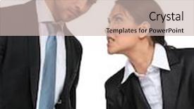  Presentation with job promotion - Colorful presentation theme enhanced with two aggressive businesspeople debate and fight isolated on white concept of competition and job competitive promotion backdrop and a soft green colored foreground