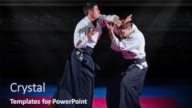  Presentation with aikido - PPT theme featuring two aikido fighters at sports hall background and a wine colored foreground
