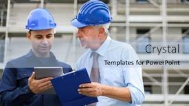  Presentation with building plans - Audience pleasing slide set consisting of two architect developers reviewing building plans at construction site backdrop and a light blue colored foreground