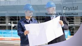  Presentation with building plans - Theme with two architect developers reviewing building plans at construction site background and a light blue colored foreground