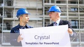  Presentation with building plans - Audience pleasing slides consisting of two architect developers reviewing building plans at construction site backdrop and a sky blue colored foreground