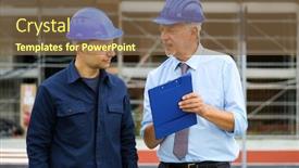  Presentation with building plans - Presentation theme having two architect developers reviewing building plans at construction site background and a tawny brown colored foreground