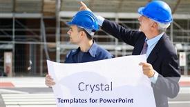  Presentation with building plans - Colorful presentation design enhanced with two-architect-developers-reviewing-building backdrop and a sky blue colored foreground