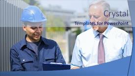  Presentation with building plans - Cool new PPT theme with two-architect-developers-reviewing-building backdrop and a sky blue colored foreground