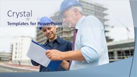  Presentation with building plans - Amazing presentation theme having two-architect-developers-reviewing-building backdrop and a sky blue colored foreground