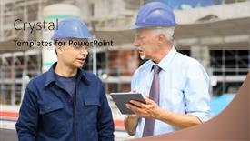  Presentation with building plans - PPT theme featuring two-architect-developers-reviewing-building background and a coral colored foreground