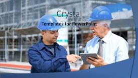  Presentation with building plans - Presentation theme featuring two-architect-developers-reviewing-building background and a light blue colored foreground