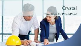  Presentation with discussing parents - Audience pleasing slide deck consisting of two architects discussing over blueprint backdrop and a sky blue colored foreground