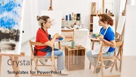  Presentation with women - Presentation theme having two-artist-student-women-smiling background and a coral colored foreground